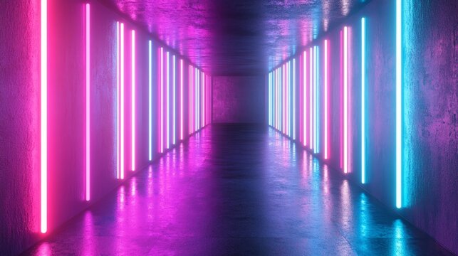 A sleek, modern space with long neon tubes on the walls, alternating between vibrant magenta and cyan for a nightclub aesthetic.