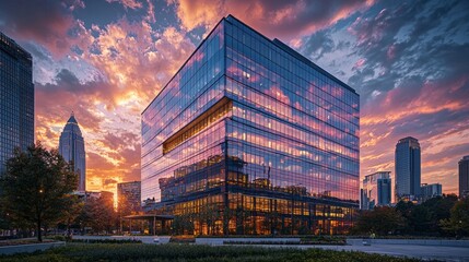 Aufkleber - A striking glass office building captures the breathtaking hues of sunset, creating a stunning visual contrast against the lively city skyline during twilight hours