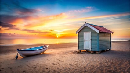 Wall Mural - Minimalist Beach Scene:  Beach Hut, Boat, Sand, Sunset, Coastal