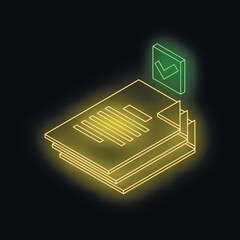 Poster - Isometric neon documents stack representing approved or validated electronic files, data safety and protection