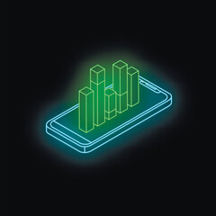 Poster - Glowing isometric smartphone displaying a growing green bar chart, representing mobile business growth and success