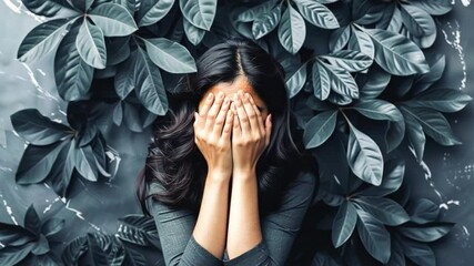 Poster - A young woman sits with her long hair cascading over her arms as she covers her face with her hands, surrounded by vibrant green foliage, creating a serene and reflective atmosphere.