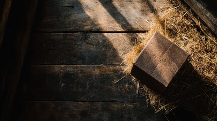 Wall Mural - Rustic Wooden Box on Straw in Sunlight