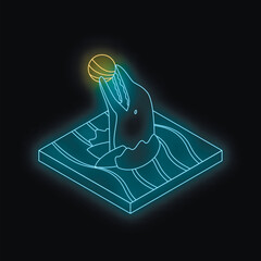 Poster - Glowing neon dolphin catches a ball in an isometric pool, offering a vibrant, playful illustration