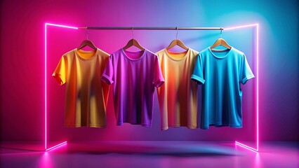 Poster - Minimalist Colorful Shirts Hanging Pink Neon Background - Fashion Stock Photo