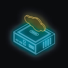 Poster - Glowing neon cloud computing server icon symbolizes data storage, online access, and the power of modern technology