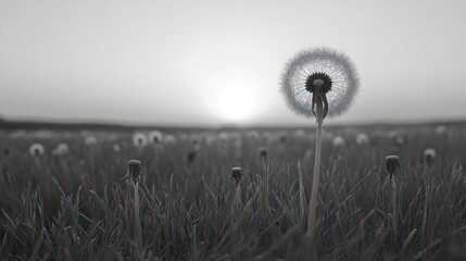 Poster - Sunset Dandelion Field, Monochrome, Nature, Hope