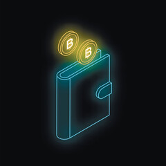 Poster - Neon wallet receiving cryptocurrency coins representing online payment and secure transactions