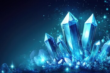 Poster - A painting depicting blue crystals illuminated against a dark background, showcasing their vibrant hues and intricate details. blue crystal background .