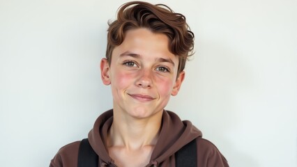 Wall Mural - Smiling boy in casual attire captures joy and innocence against a simple background