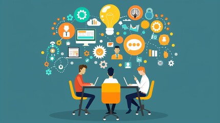 Poster - Three people sit at a table and work on laptops with a brainstorm above them.
