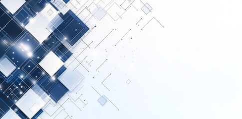 Poster - A modern abstract background featuring a mix of geometric shapes, squares, and lines in various shades of blue and white, creating a tech-inspired ambiance.