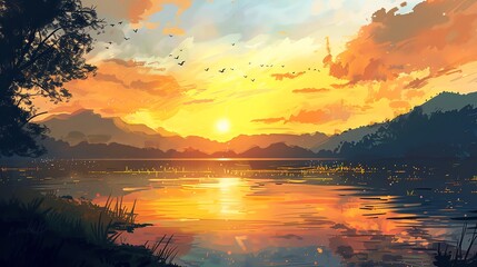 Wall Mural - A painting of a sunset over a lake with mountains in the distance.