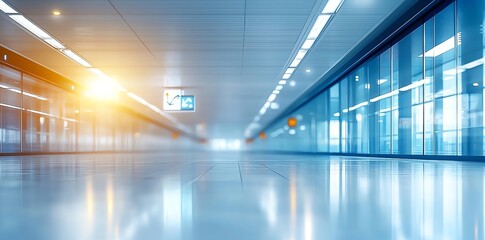 Poster - A modern hallway illuminated by soft light, featuring glossy floors and sleek glass walls, creating a futuristic ambiance ideal for showcasing architectural design.