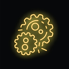Poster - Yellow neon icon of two gears rotating together on black background, representing a concept of teamwork