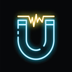 Poster - blue neon icon of a magnet generating a magnetic field, isolated on a black background
