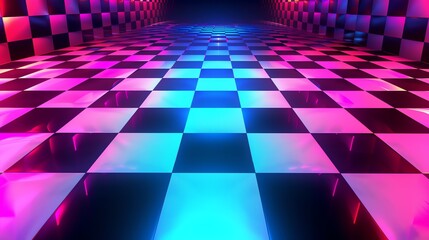 Poster - A checkered floor with pink and blue neon lights.