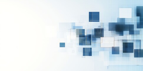 Poster - Abstract geometric design in blue tones with overlapping squares, creating a sense of depth on a light background.