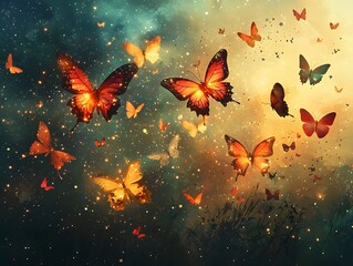 Poster - Surreal Fireworks Exploding into Glowing Butterflies Lighting Up the Night Sky