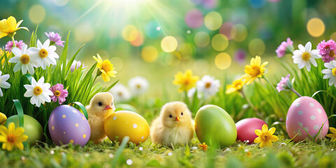 Poster - Spring colorful Easter banner with colorful eggs, chicks and flowers in spring garden.