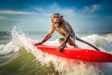 Poster - Minimalist Surfing Monkey: Excited Primate Rides Red Surfboard on Ocean Wave