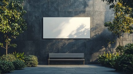 Aufkleber - Set in a tranquil garden, an oversized blank poster stands ready for creative inspiration, framed by lush greenery and a gentle play of sunlight on stone walls