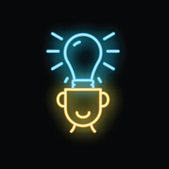 Poster - Neon sign representing the concept of having an idea, with a light bulb shining over a head