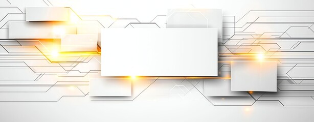 Poster - Futuristic white background with abstract geometric shapes and glowing elements, ideal for tech designs and digital projects.