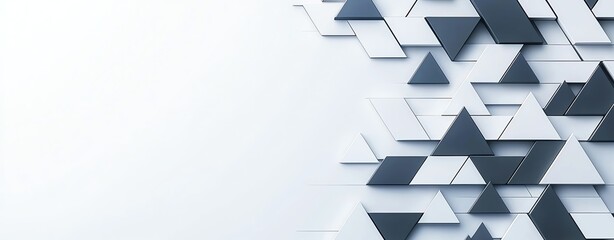 Poster - Geometric composition featuring various triangles in shades of gray and white, creating an abstract pattern against a minimalist background.