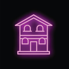 Poster - Bright violet neon sign in the shape of a house with a door, four windows, and a roof, glowing on a black background