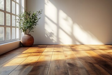 Wall Mural - Sunlit empty room with wooden floor and potted plant