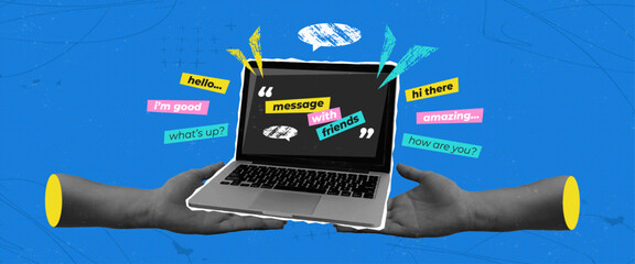 Fototapete - Retro Halftone Collage with hands holding laptop and dialogue messages. Grunge abstract elements on bright blue background. Concept of friendly communication via social media.
