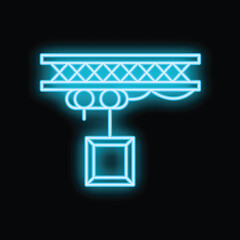 Poster - Neon blue icon of an overhead crane lifting a cargo container, evoking industrial activities