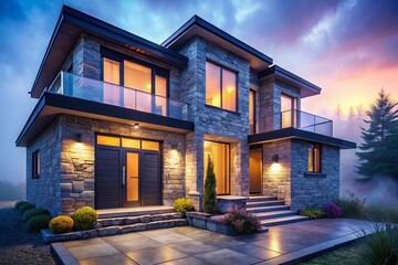 Poster - Modern Stone House Facade, Early Morning Mist, Hidden Lighting - Architectural Photography