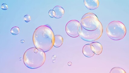 Poster - Multiple iridescent soap bubbles of varying sizes float against a soft, pastel colored background, creating a dreamy and ethereal atmosphere