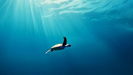 Poster - Sunbeams filtering through the water illuminate a sea turtle gliding gracefully in the deep blue ocean, creating a serene and captivating underwater scene filled with tranquility
