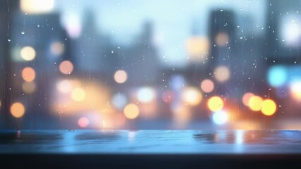Aufkleber - Rain is falling on a window with blurred city lights in the background and a wet surface in the foreground, creating a moody and atmospheric scene