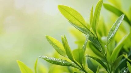Poster - Close up of vibrant green leaves glistening with fresh dew drops, capturing the essence of a revitalizing spring morning with soft, diffused natural light