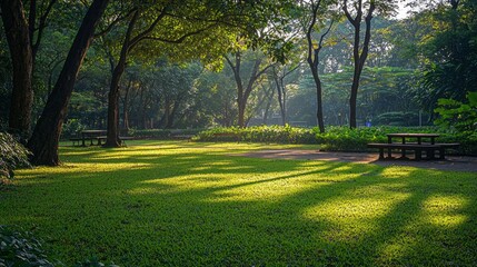 Aufkleber - Early morning light bathes the park in a warm glow, illuminating the lush greenery and creating long shadows. Benches invite visitors to relax and enjoy nature's peace in this serene setting