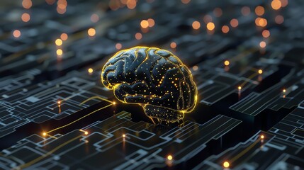 Poster - A digital brain with glowing circuits sits on a circuit board.