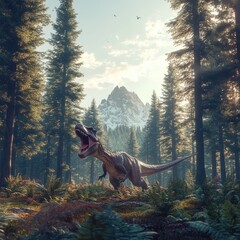 tyrannosaurus rex in mountain forest sunrise; prehistoric wildlife scene