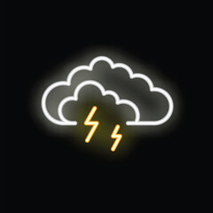 Poster - White neon sign of a storm cloud with yellow lightning bolts, shining on a black background
