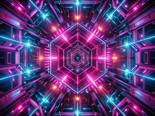 Poster - Neon Pink Cosmos: Symmetrical Sci-Fi Artwork, Futuristic Night Photography
