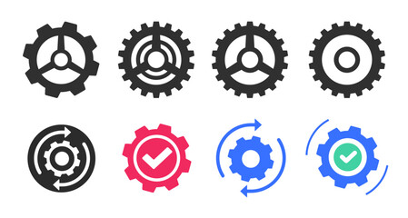Poster - Cog wheel gear as system upgrade icon simple vector graphic set, updated settings cogwheel check mark, industry technology rotating logo sign symbol pictogram image clip art
