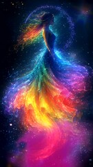 Wall Mural - Woman in cosmic rainbow dress surrounded by glowing stars. Seamless looping animation video background