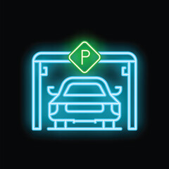 Poster - Glowing neon sign depicting car parked under parking sign, isolated on black background