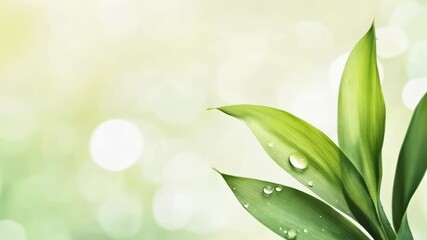 Poster - Bright green leaves with water drops sparkling on a blurred bokeh background creating a fresh, natural, and vibrant scene, ideal for wellness, spa, or nature themed projects
