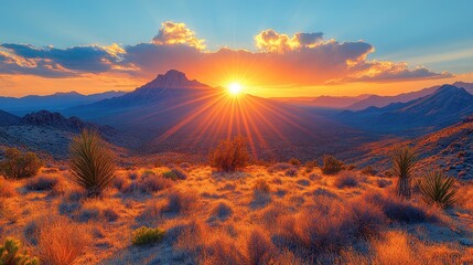 Wall Mural - Desert sunset landscape, sun rays, mountains, tourism