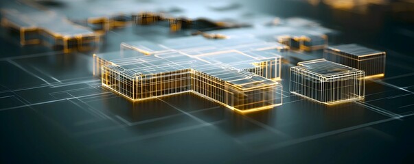Poster - Wireframe structures glow on a dark, reflective surface.  Minimalist, geometric design; futuristic, technological feel.  Background is dark, possibly partially transparent.