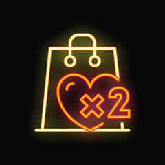 Poster - Neon icon of shopping bag with heart and x2 symbol representing a two for one deal on romance products